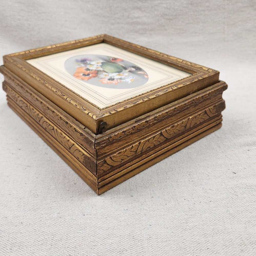 VTG Trinket Jewelry Box Carved Wood Mirror Interior Glass Top Gold Tone 8X6X2.5" - Picture 15 of 15